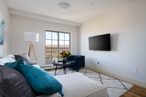 a living room with a couch and a tv